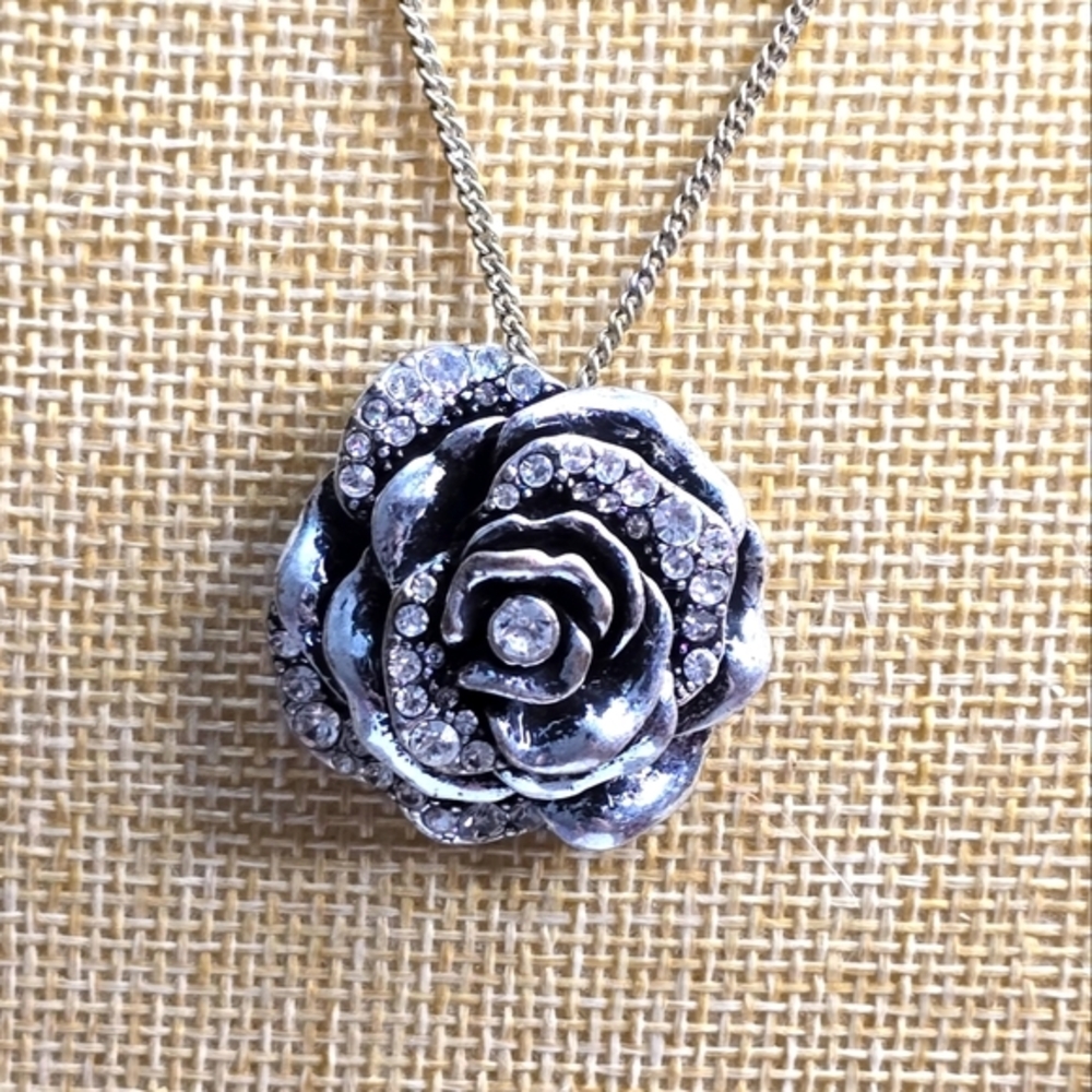 Fossil Antiqued Silver Tone Crystal Rose Pendant Necklace with Key Heart Charms